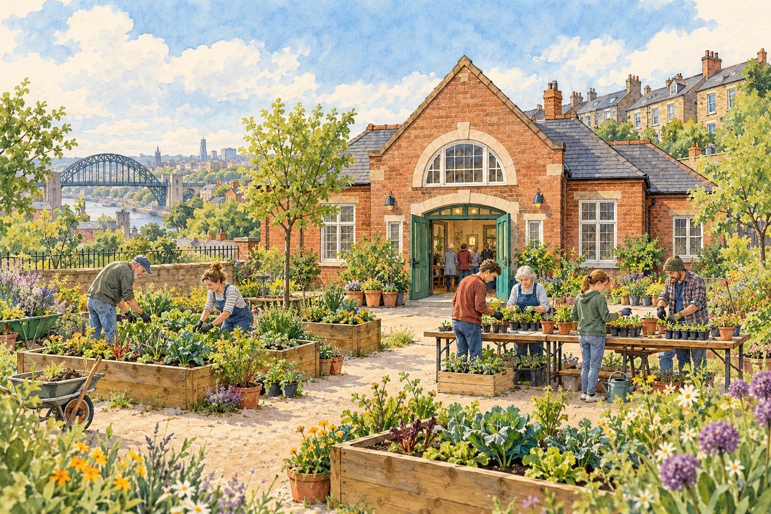 Artist's impression of neighbours planting seedlings at a representative Newcastle community venue