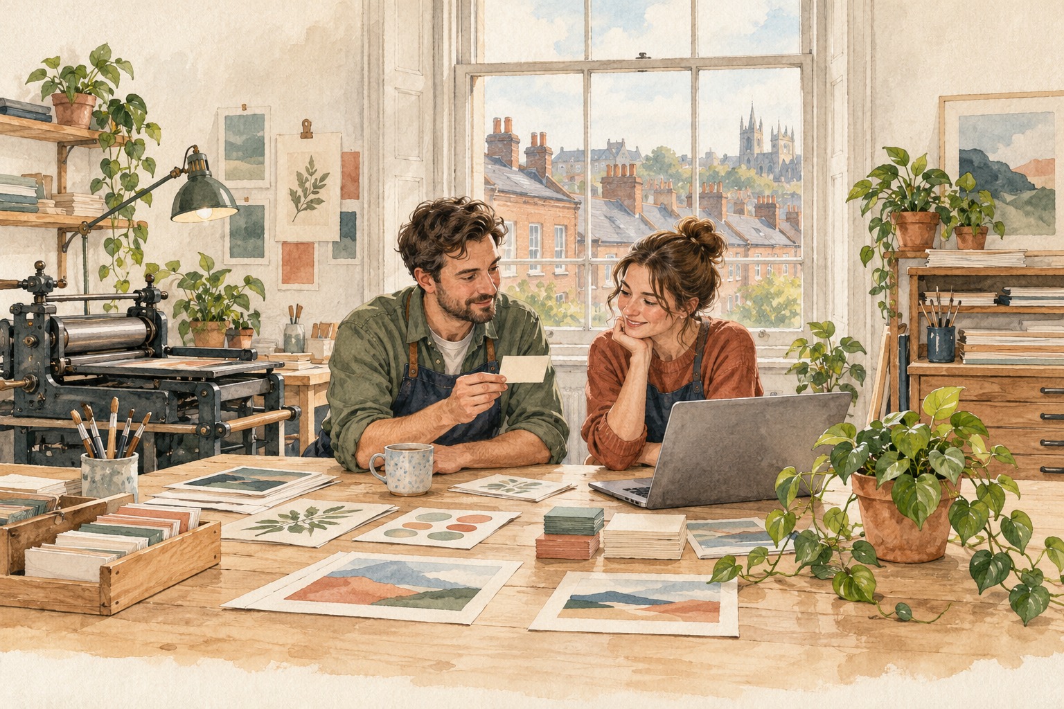Artist's impression of Newcastle business owners discussing print samples in a representative small workshop