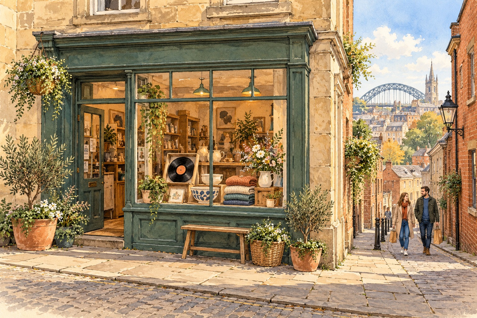 Artist's impression of a representative Newcastle independent shop displaying records, ceramics, knitwear and flowers