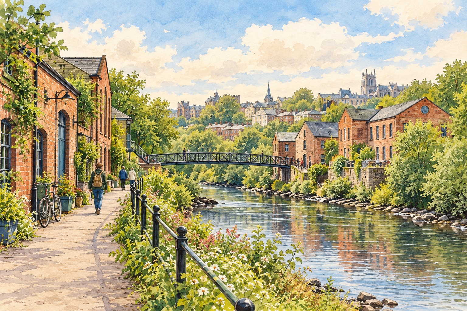 Artist's impression of a representative riverside path and brick workshops inspired by Ouseburn